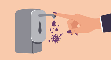 A hand is pressing a sanitizer pump to kill the virus, promoting hygiene and health