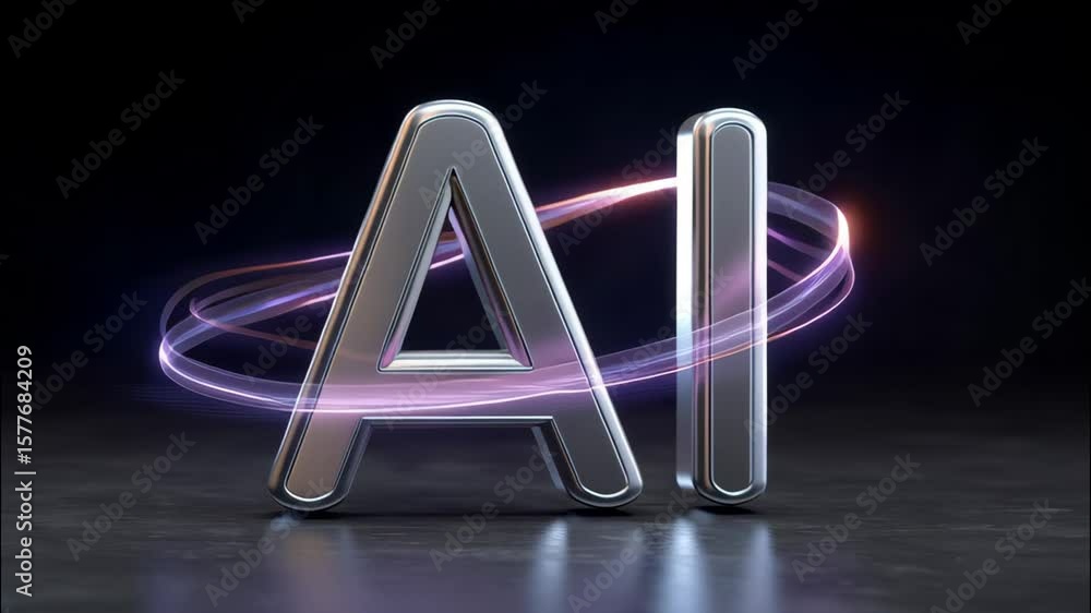Poster artificial intelligence technology with glowing metallic letters ai and digital futuristic innovatio
