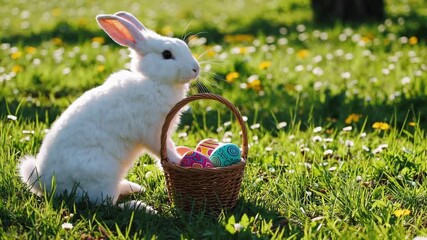 a cute white rabbit standing beside colorful hand painted eggs in green grass yard with clear blue sky easter egg day background animation - Powered by Adobe