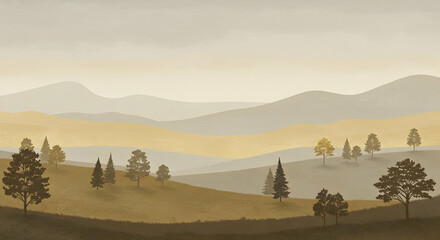 Serene Autumnal Landscape Golden Hills Misty Mountains