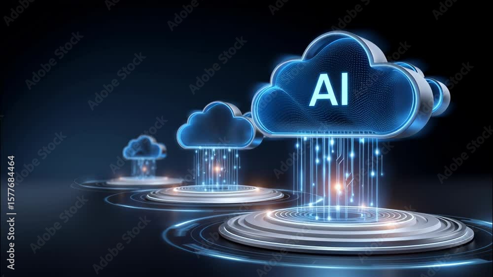 Poster artificial intelligence and cloud computing with glowing digital cloud icons, futuristic technology,