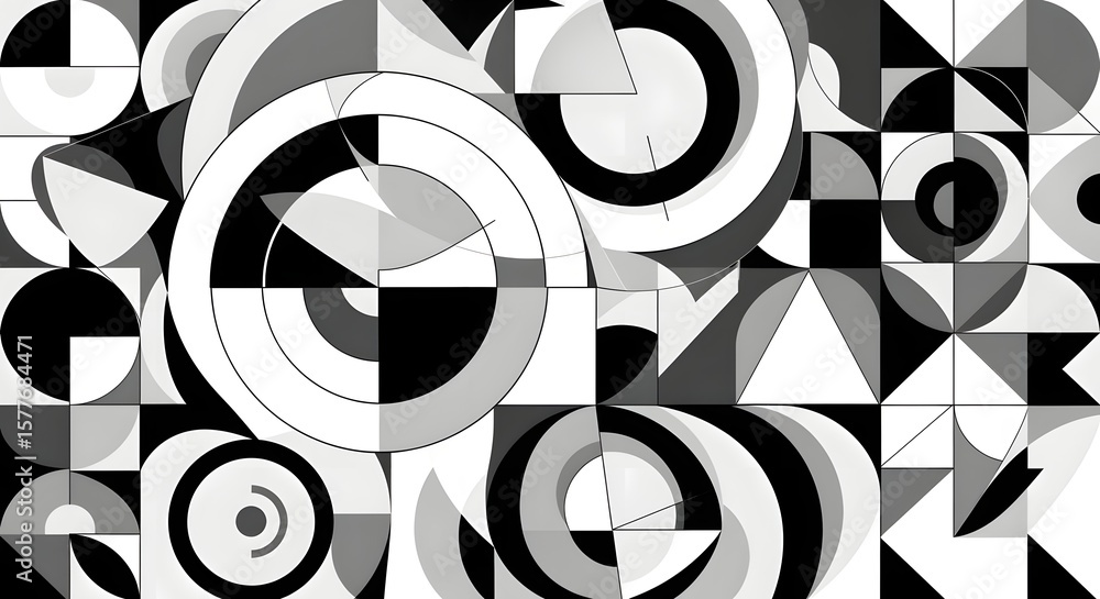 Aufkleber abstract geometric pattern with circles squares and triangles in grayscale and black and white tones