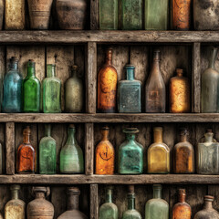 Dusty bottles on wooden shelves