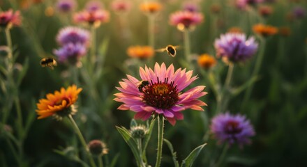 Fototapeta premium Bees on flowers at sunset