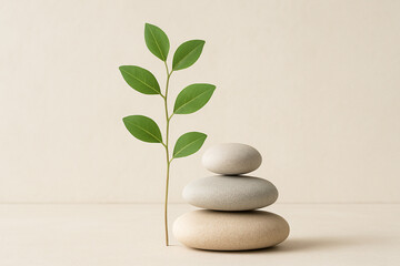 A delicate green branch with fresh leaves balanced precariously atop a stack of smooth gray stones...