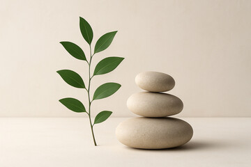 A balanced stack of smooth stones with a delicate green leaf on a muted background represents...