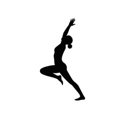 Silhouette of woman practicing yoga balance pose with raised arm  