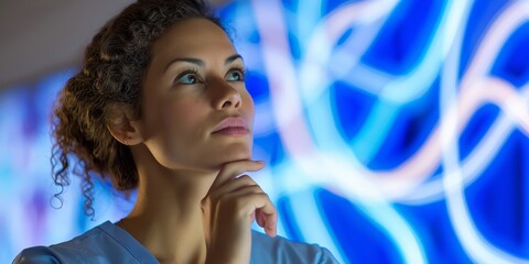 Healthcare Worker Contemplating Glowing Data Visualization.