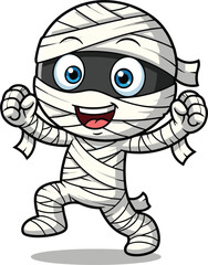 Cute cartoon mummy character, blue eyes, happy face, wrapped in bandages, Halloween vector, playful, fun, spooky, adorable, illustration