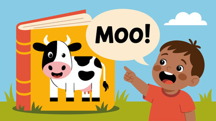 child learning the cow sound from a book, vector illustration for learning animal sounds, early childhood education and speech development