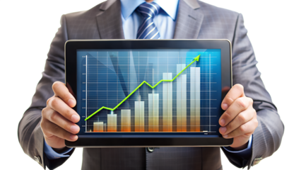 A businessman holds a tablet displaying a green arrow pointing upwards on a business graph isolated on transparent background
