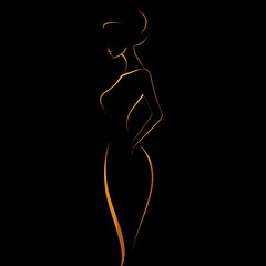 Elegant silhouette of a woman with flowing lines on a black background  