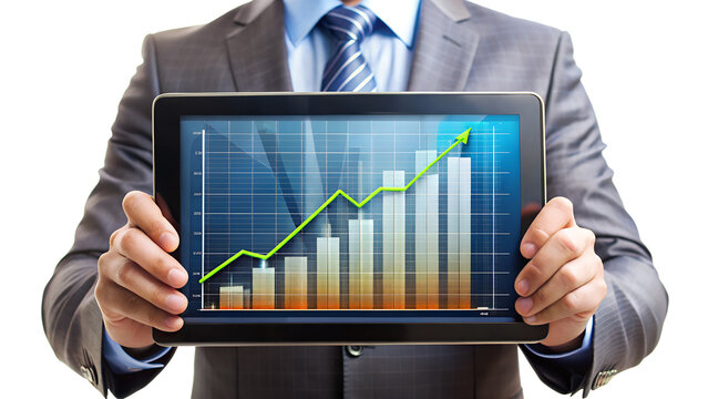 A businessman holds a tablet displaying a green arrow pointing upwards on a business graph isolated on transparent background