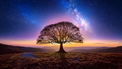 majestic tree illuminated by cosmic light in enchanted landscape