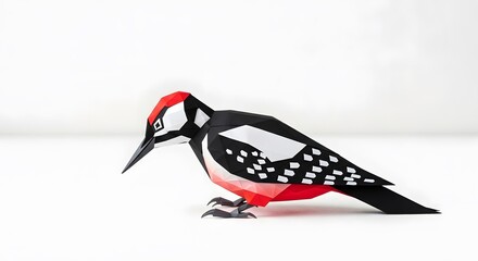 Kirigami Woodpecker in Black, White, and Red Paper – Dynamic Pecking Pose on White Textured Background