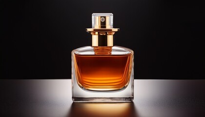 a clear perfume bottle filled with amber liquid placed against a transparent background