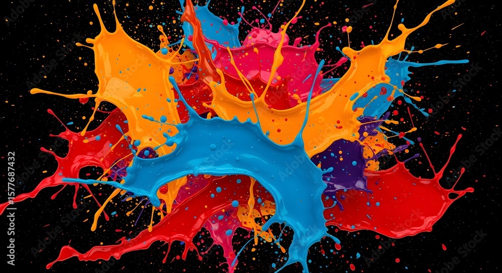 Poster a vibrant explosion of colorful paints colliding against a stark black backdrop creating dynamic spl