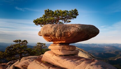 balanced rock formation with small tree on top