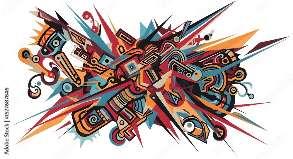 Poster abstract explosion of geometric shapes and lines in vibrant colors on a white background design art