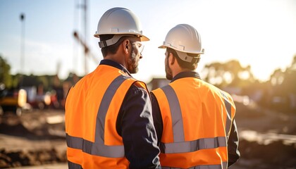 Two construction workers in safety gear converse outdoors