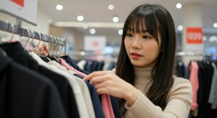A young woman browses clothing racks in a retail store, carefully examining garments