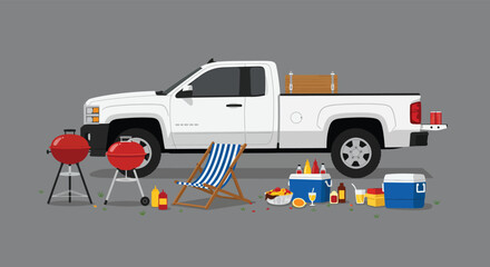 A white pickup truck is parked with its tailgate down, hosting a barbecue setup with grills, a cooler, and a striped beach chair, suggesting a fun and relaxed outdoor gathering © arfanah02