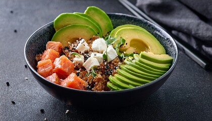 quinoa salmon avocado and feta cheese poke bowl on a dark background closeup