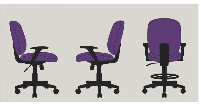 A purple adjustable office chair with armrests is displayed from the front, side, and back, showcasing its ergonomic design and comfortable support