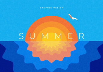 Abstract minimal summer poster, cover, banner, card with bright sun in the blue sky, the sea and modern typography. Summer holidays, journey, vacation travel illustration. Promo ads design template