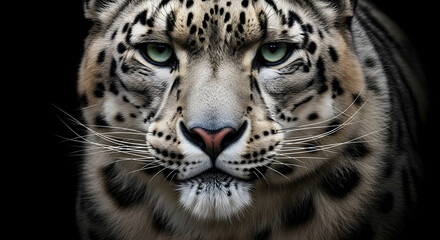 A beautiful, intense portrait of a snow leopard's face. Its piercing eyes and spotted coat are captured in stunning detail against a dark background.