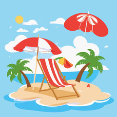 Obraz premium Summer Island Vector with Beach Chair, Palm Trees, and Umbrellas