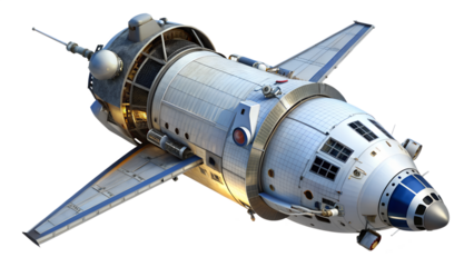 A detailed spaceship model is isolated on transparent background, showcasing its advanced engineering and futuristic design