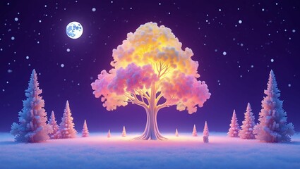 Enchanting winter wonderland scene with a glowing tree under a full moon and starry sky