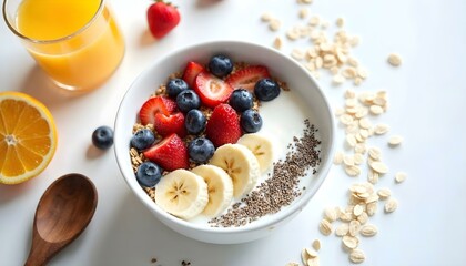 HD top-down photography of a healthy breakfast flat lay: a bowl of granola with fresh berries, sliced banana, chia seeds, and almond milk, surrounded by a glass of orange juice, a wooden spoon, and sc