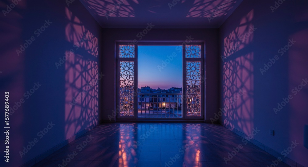 Poster twilight view through an intricately designed window, casting patterned shadows across an empty room