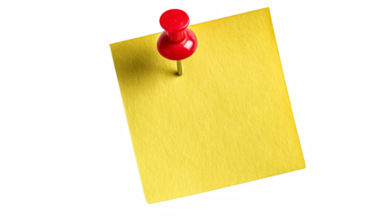 Bright yellow sticky note attached with a red push pin against a clean black background offers versatile design opportunities.