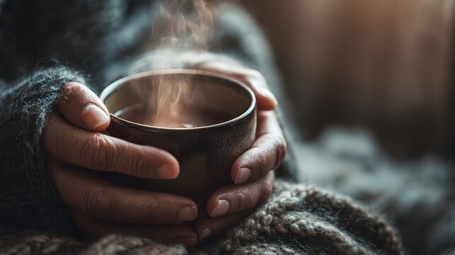 A woman of Caucasian descent sips a warm beverage, wrapped in a cozy sweater, evoking a sense of comfort and relaxation.