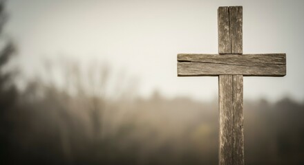 Wooden cross in a misty forest