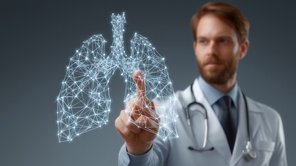 Male Doctor Using Holographic Lung Diagnostic Screen.