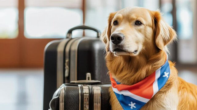 Dog Emigrate Concept, Adorable golden retriever with suitcase ready for adventure in a welcoming indoor setting
