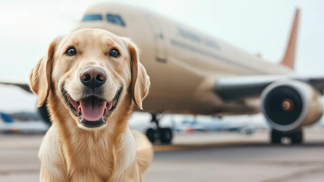 Dog Emigrate Concept, Happy Golden Retriever Dog Smiling Near an Airport with Airplanes in the Background