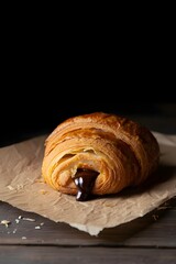 Fototapeta premium Rustic Chocolate Croissant with Melted Filling - Dark Food Illustration Style