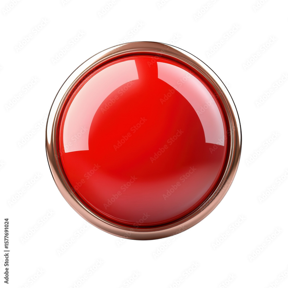 Poster red button glossy shiny metal frame 3d render vibrant style isolated round on transparent background