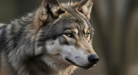 Obraz premium A striking profile portrait of a grey wolf against a dark, moody background. The detailed fur and intense gaze highlight the raw power and beauty of this wild animal.