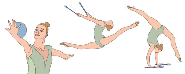 Talented young gymnasts perform impressive routines with grace and skill, demonstrating their dedication and passion for the sport. Vector