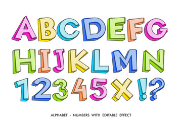 Editable cartoon themed alphabet and numbers. abc and 123 with colorful fonts