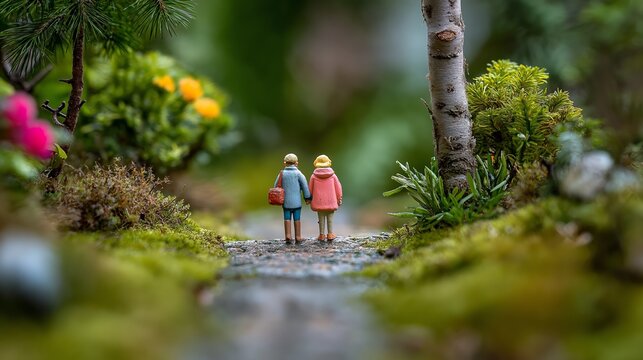Miniature Couple Walking on Grassy Path.