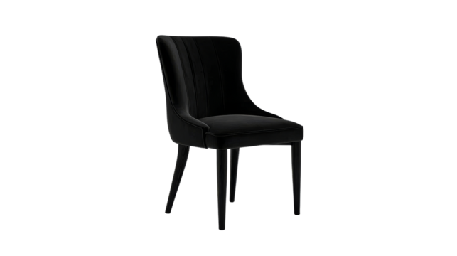 Black upholstered chair features a curved back and four legs isolated on transparent background.
