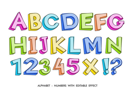Editable cartoon themed alphabet and numbers. abc and 123 with colorful fonts