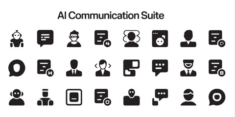 A collection of black ai communication suite icons on a white background in a vector format